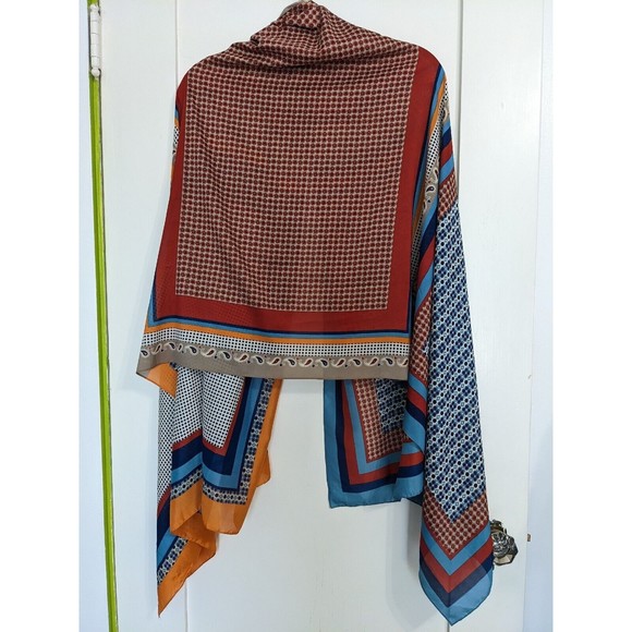 Large Rectangular Silky Scarf Multicolor Geometric Color Block Blue Rust 35X72" - Picture 2 of 11